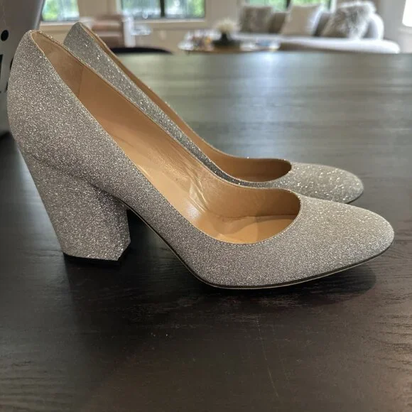 Sergio Rossi Silver Glitter Block Heel Pumps - Picture 3 of 9